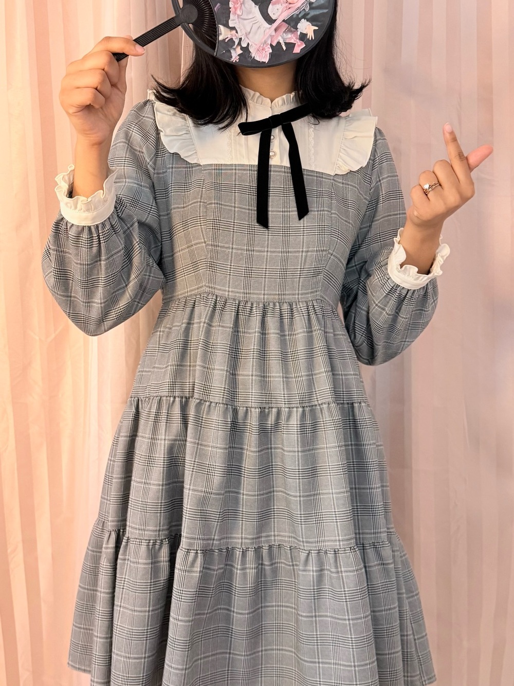 Axes Femme Gray Plaid Tiered Ruffle Dress White Collar